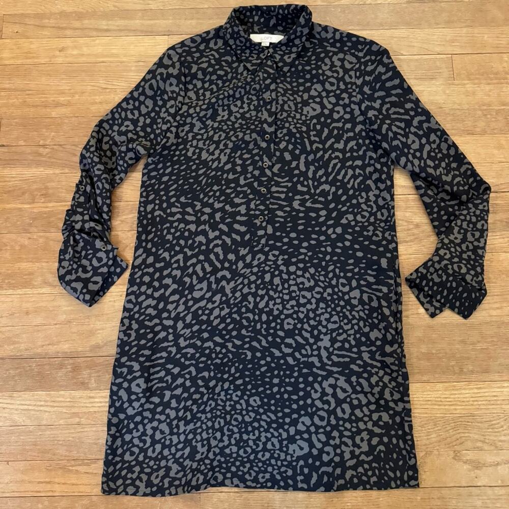 Loft gray black long sleeve six button knee length shift shirt dress size S
 b52